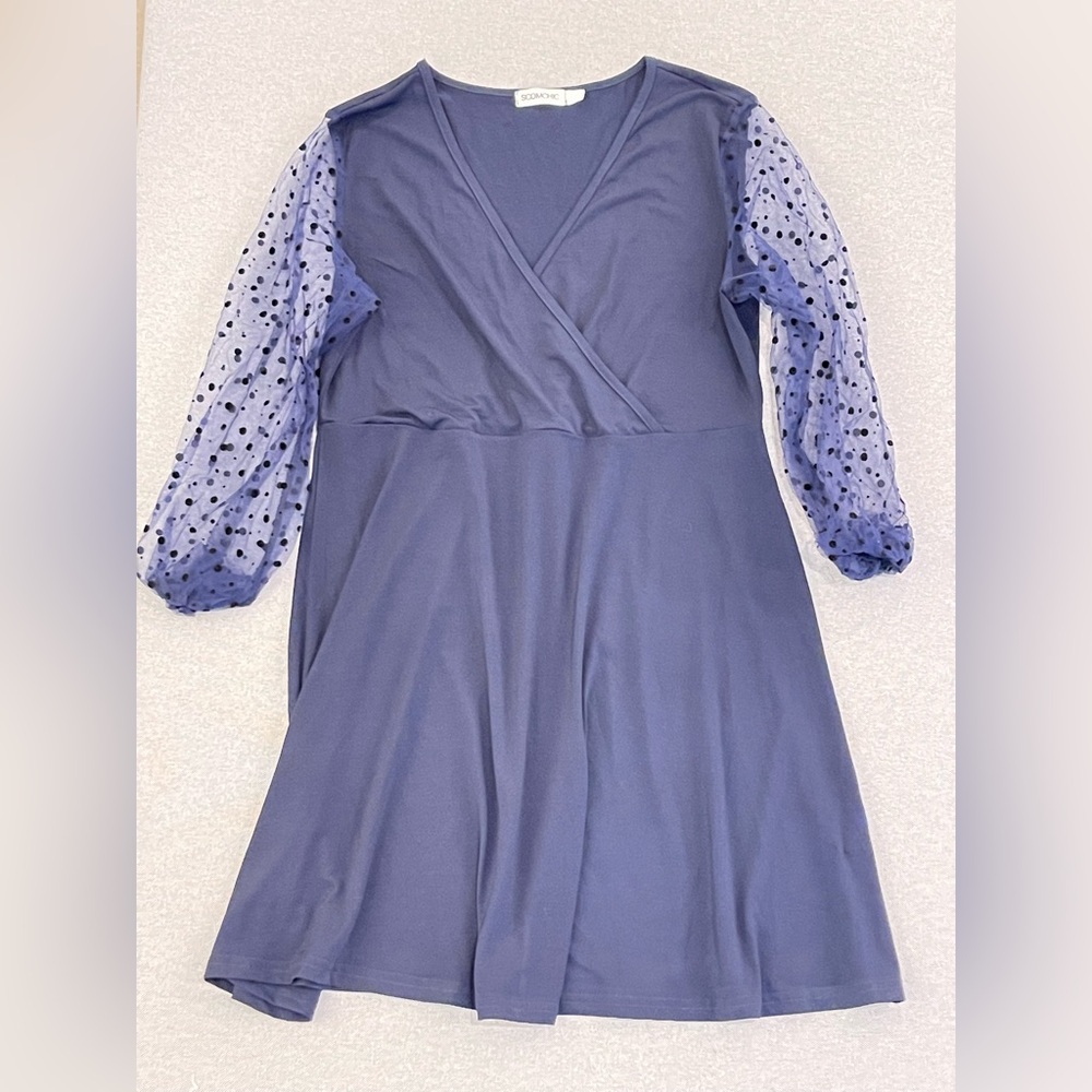 MCHIC Navy Blue Dress Sheer Polka Dot Sleeve A‎ Line Dress